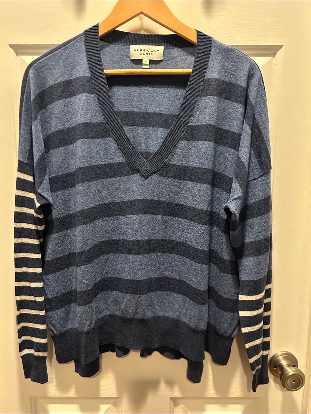 Derek Lam Denim Two-Tone Blue V-Neck Sweater